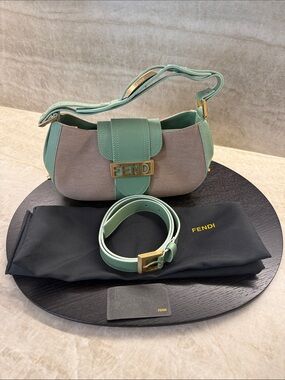 Fendi Zucca Mint Green and Beige Canvas Leather Baguette Shoulder Bag with Belt